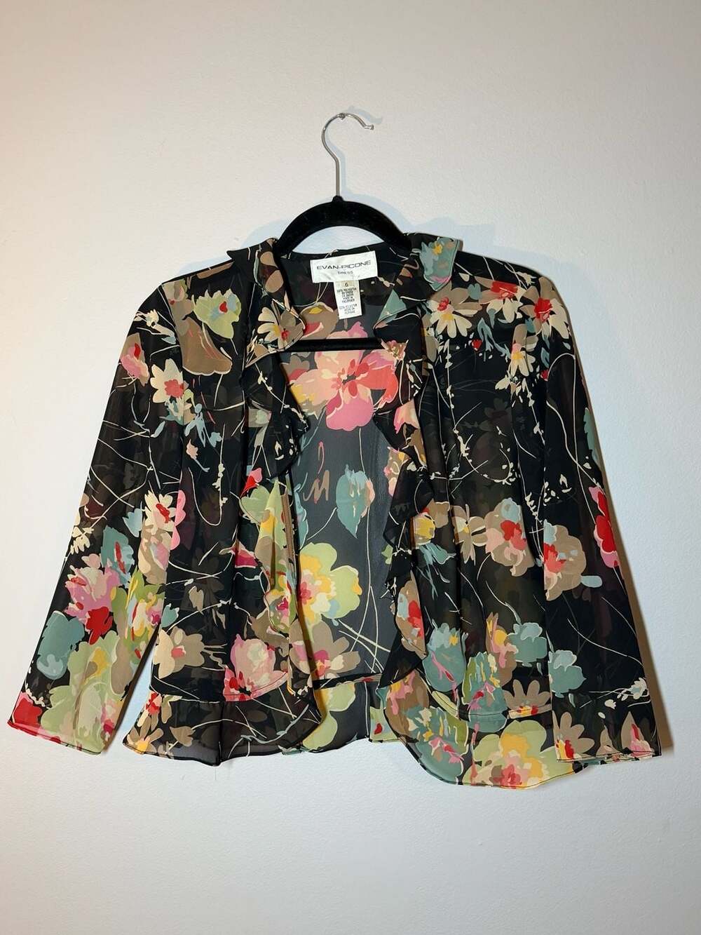 Evan-Picone Floral Sheer Ruffle Front Shrug Cardigan Size 6